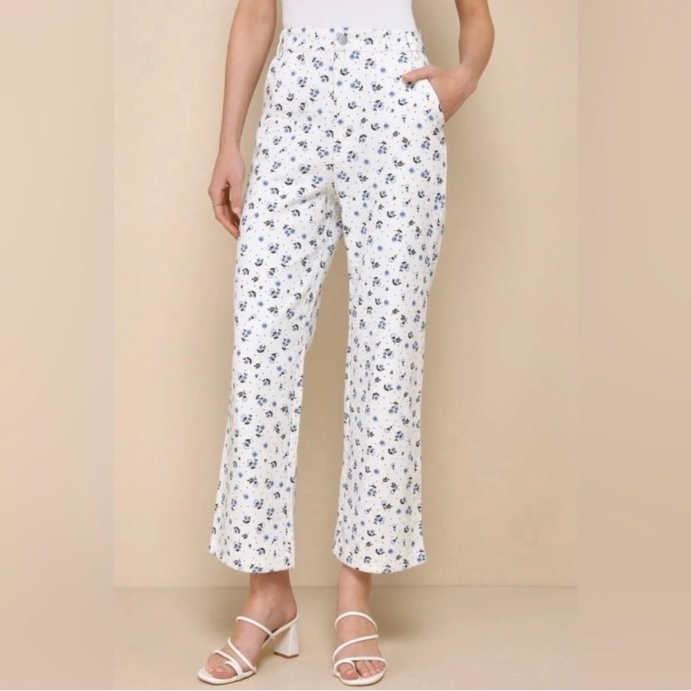 NWT LULUS Everyday Personality Ivory Floral Print Twill High Rise Pants Size M
